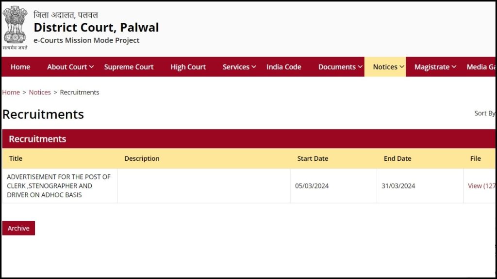 Palwal Court Clerk, Steno, Driver Offline Form